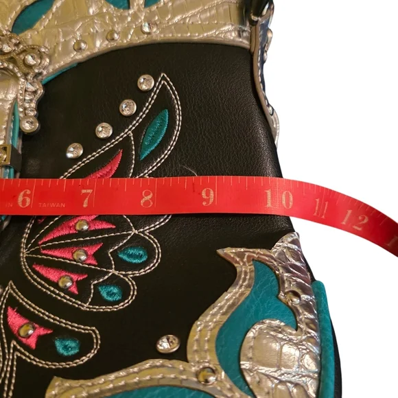 Cowgirl Trendy Cross Body Teal Hot Pink Silver Black Butterfly Embellished Bag - Picture 15 of 16